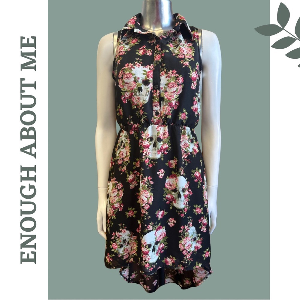 Sleeveless High Low Dress Floral Skull Print button front Elasticic waist Black
